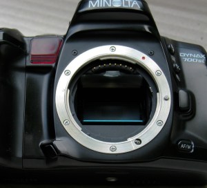 Minolta A Mount on a 700si body (1993) - Note the electrical contacts, the autofocus drive shaft, and the stop down aperture command. Minolta A Mount on a 700si body (1993)