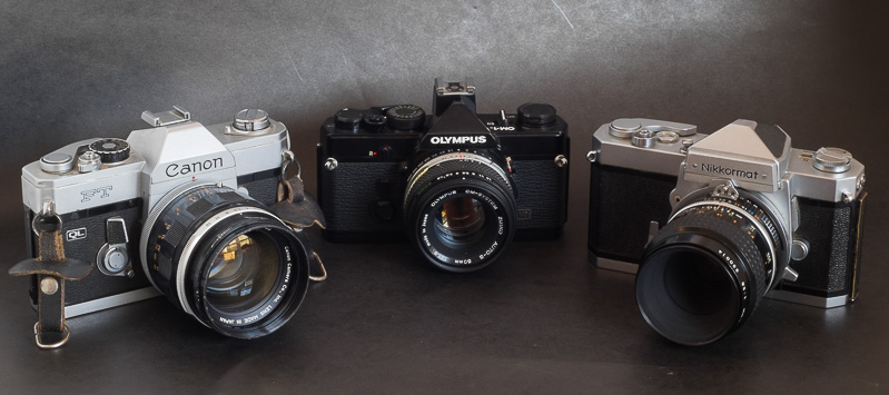 They could be bought in 1971 - Canon FT/QL, Olympus OM1, Nikkormat. The OM-1 is so small.