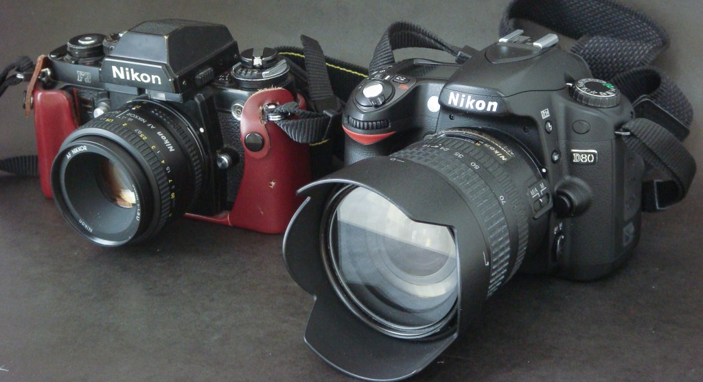 Nikon F3 with an autofocus lens bought for a modern digital camera. But it cannot work with the AF-S zoom mounted on the D80.